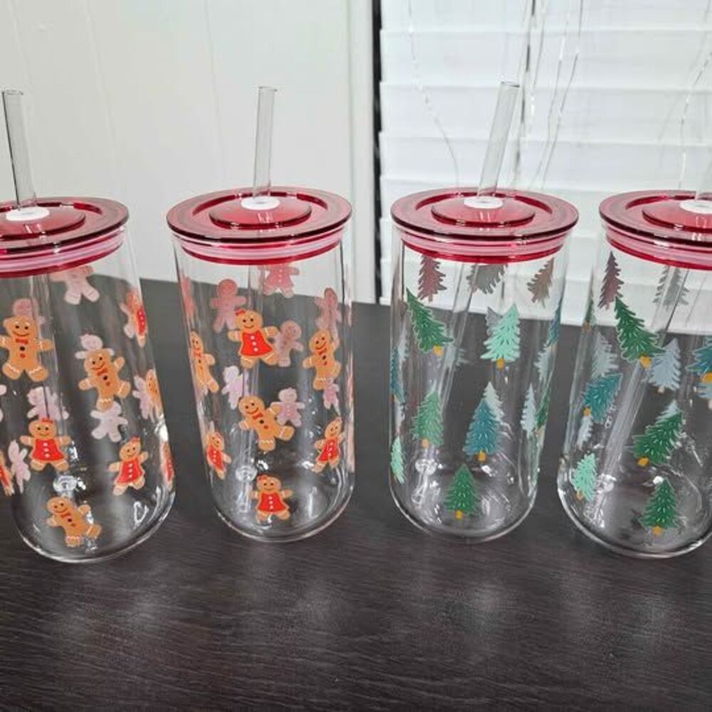 Gingerbread + Winter Tree Glass Christmas Tumblers 4 Pack | NEW